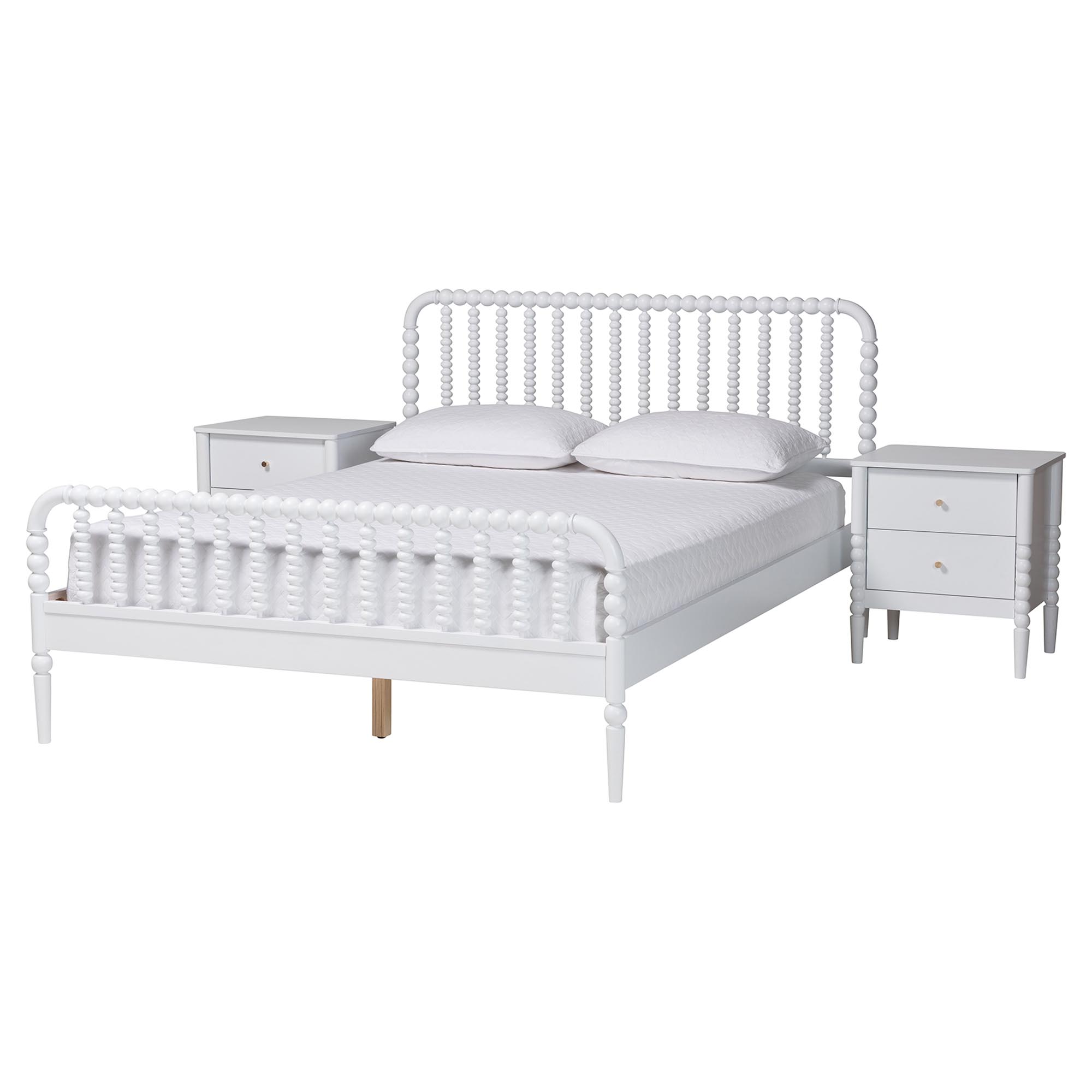 Baxton Studio Lucera Mid-Century White Queen Size 3-Piece Bobbin Bedroom Set